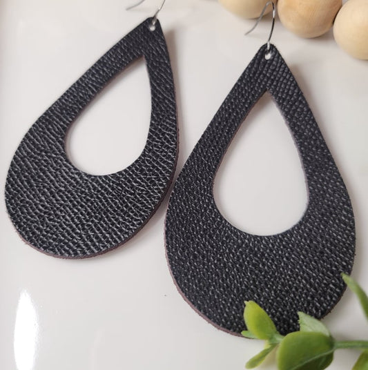 Black | XLarge Cutout Teardrop | Earring | Genuine Leather