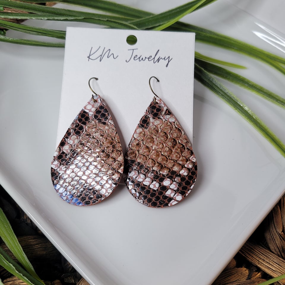Brown-Blue Snakeskin | Large Teardrop | Genuine Leather | Earrings