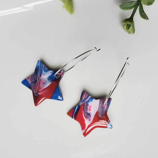 Patriotic | Clay Earring | Star Marbled | Silver Hoop | Holiday