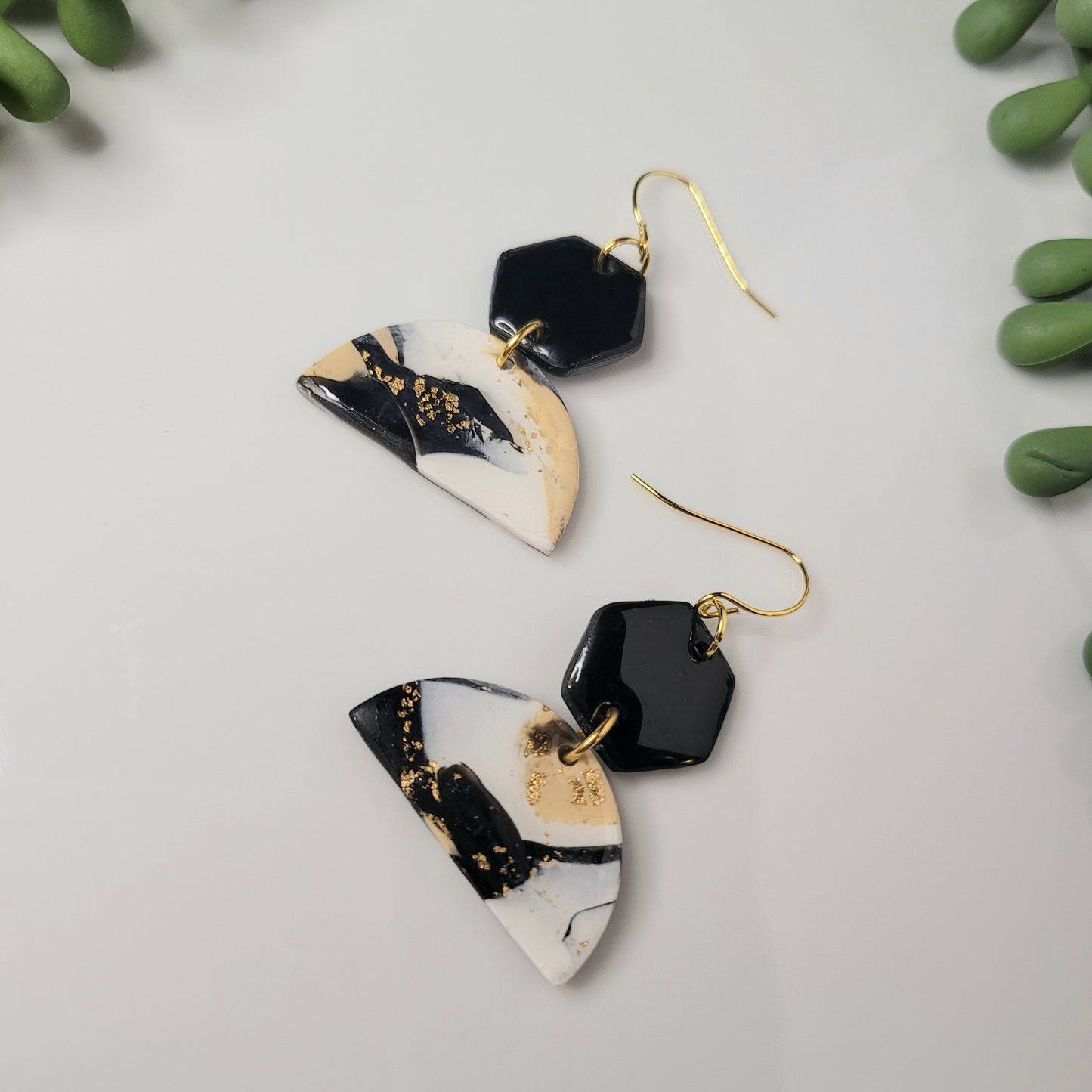 Class Act | Half Moon | Hexagon | Clay Earring | Neutrals | Gold Accents