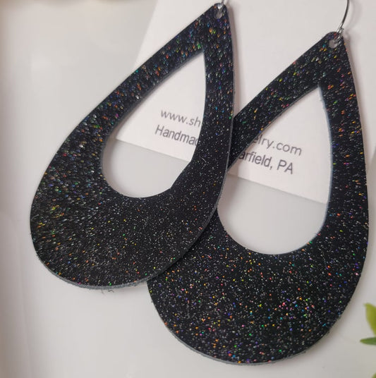 Glamorous Glitter | XLarge Cutout Teardrop | Earring | Beyond Black | Genuine Leather