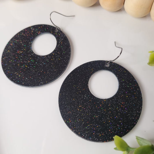 Glamorous Glitter | Large Cutout Circle | Earring | Beyond Black | Genuine Leather