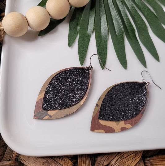 Camo | Black Glitter | Large Petal | Faux Leather | Earrings