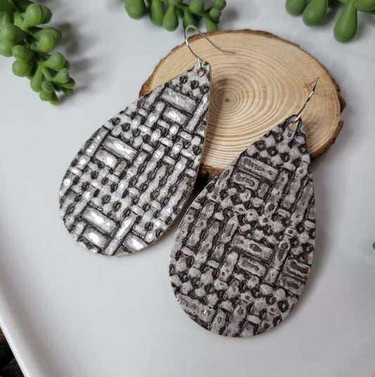 Gray-Silver Basket Weave | Teardrop | Earring | Genuine Leather