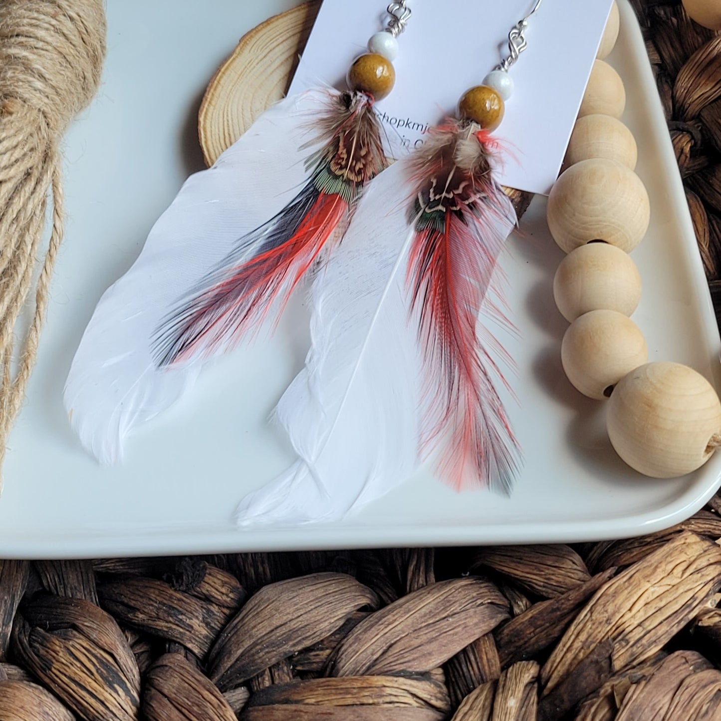 Red White | Genuine Feather | Wood Beads | Earring