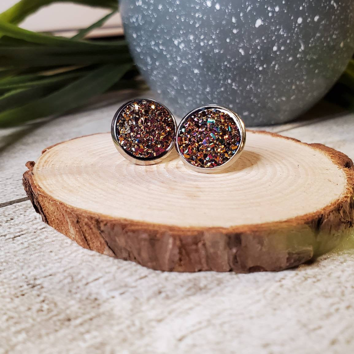 Druzy Stud | Dark Multi-Colored | Earrings | Faux Druzy | Multiple Sizes
