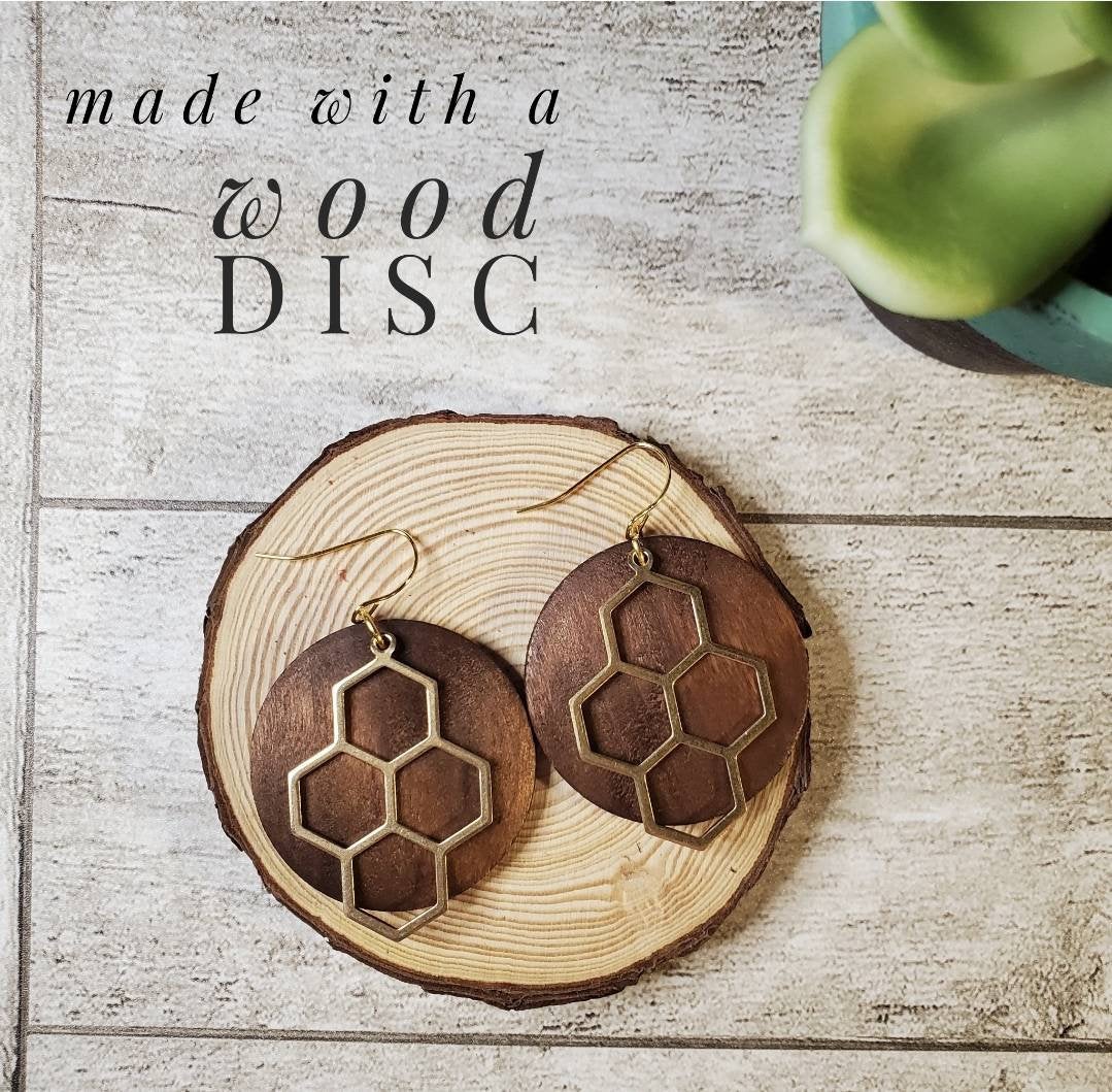Bee Spring | Wood Earrings | Round Wood Disc | Gold | Honeycomb | Multiple Colors | Honeycomb Earrings | Gifts for her