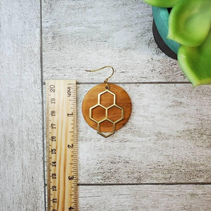 Bee Spring | Wood Earrings | Round Wood Disc | Gold | Honeycomb | Multiple Colors | Honeycomb Earrings | Gifts for her