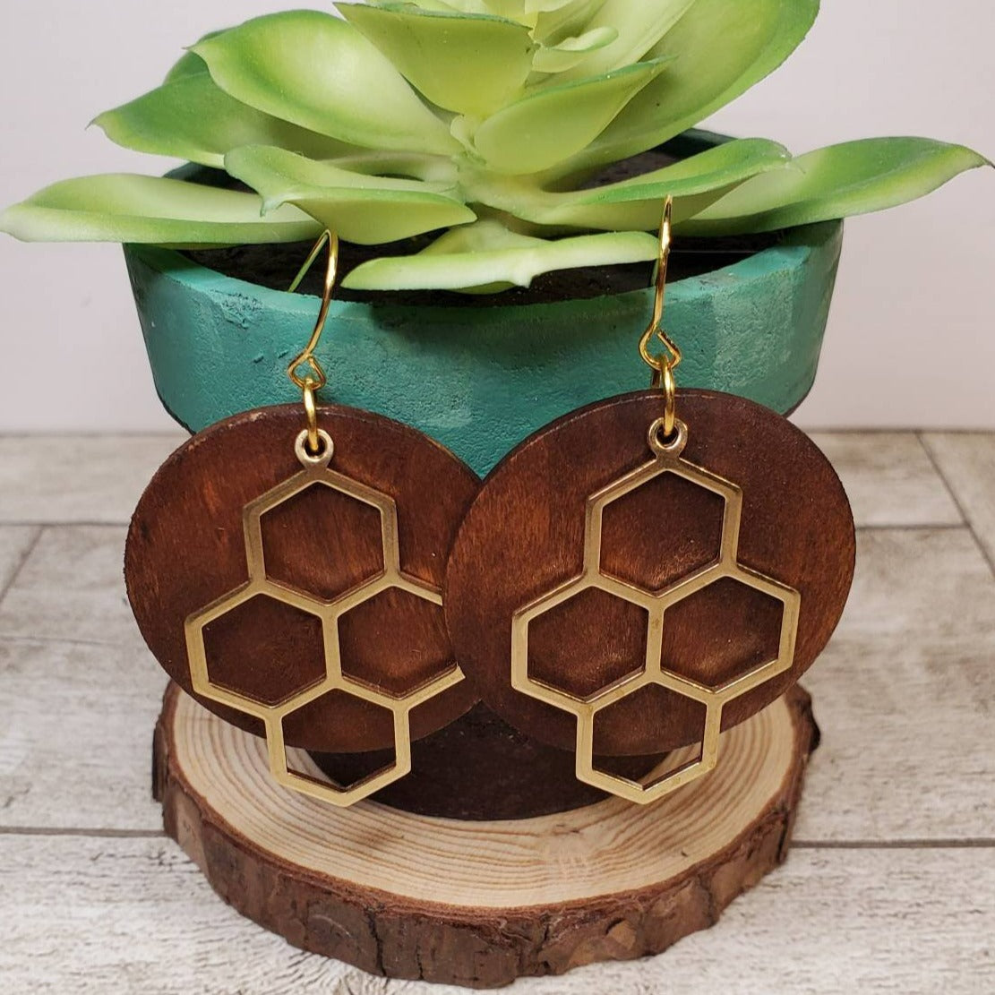 Bee Spring | Wood Earrings | Round Wood Disc | Gold | Honeycomb | Multiple Colors | Honeycomb Earrings | Gifts for her