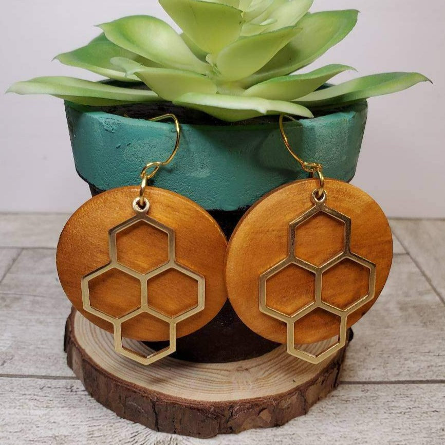 Bee Spring | Wood Earrings | Round Wood Disc | Gold | Honeycomb | Multiple Colors | Honeycomb Earrings | Gifts for her