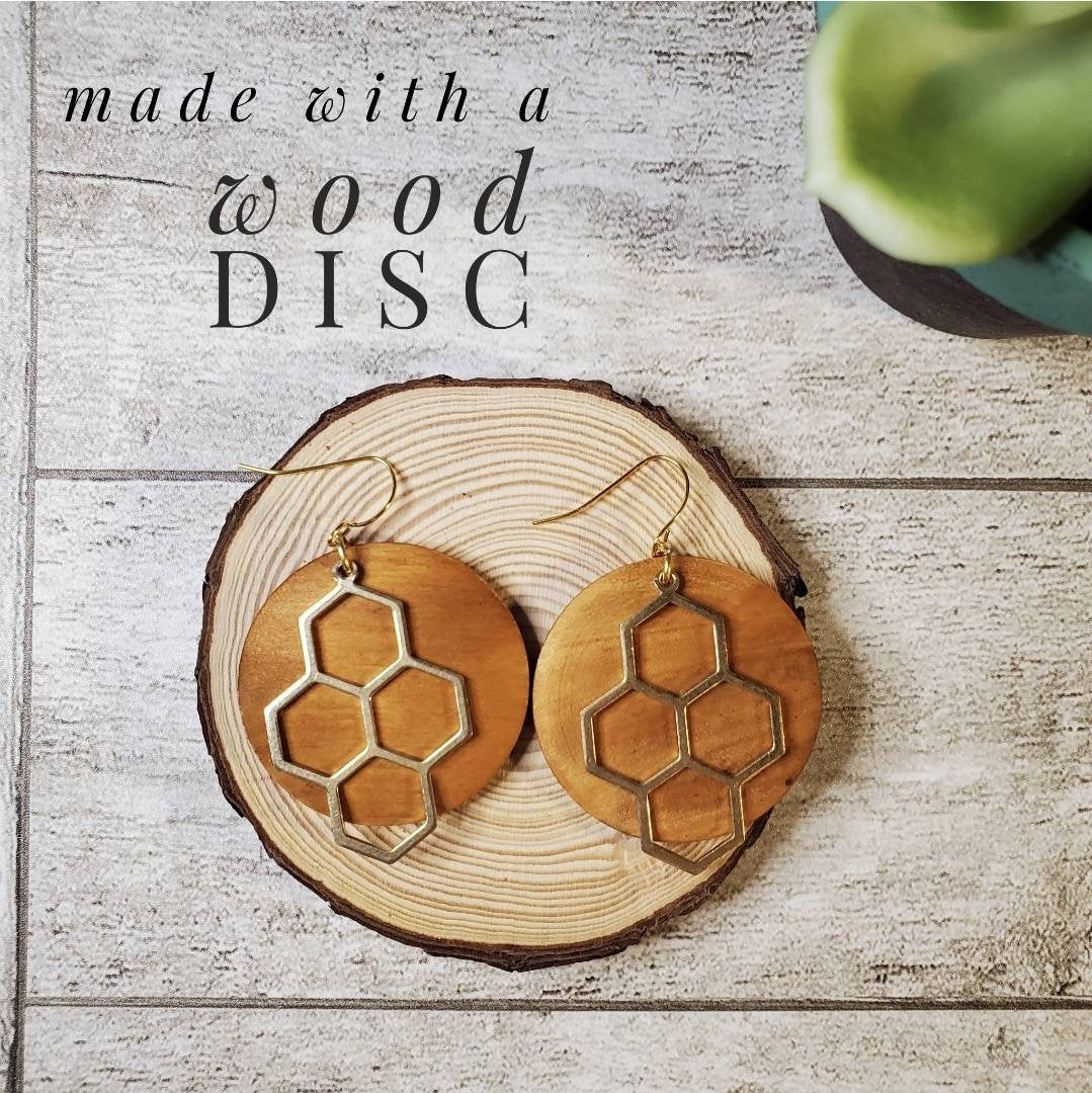 Bee Spring | Wood Earrings | Round Wood Disc | Gold | Honeycomb | Multiple Colors | Honeycomb Earrings | Gifts for her