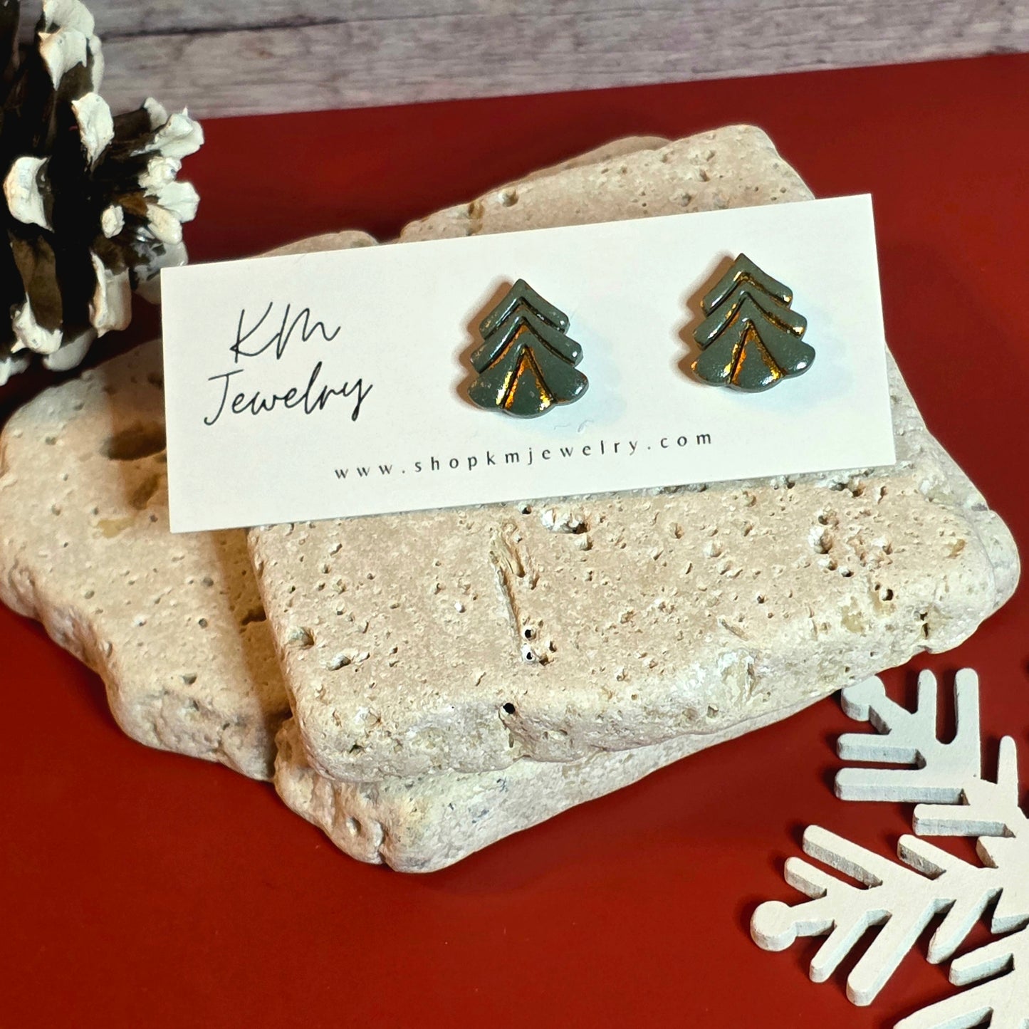 Green | Gold Foil | Tree | Stud | Clay