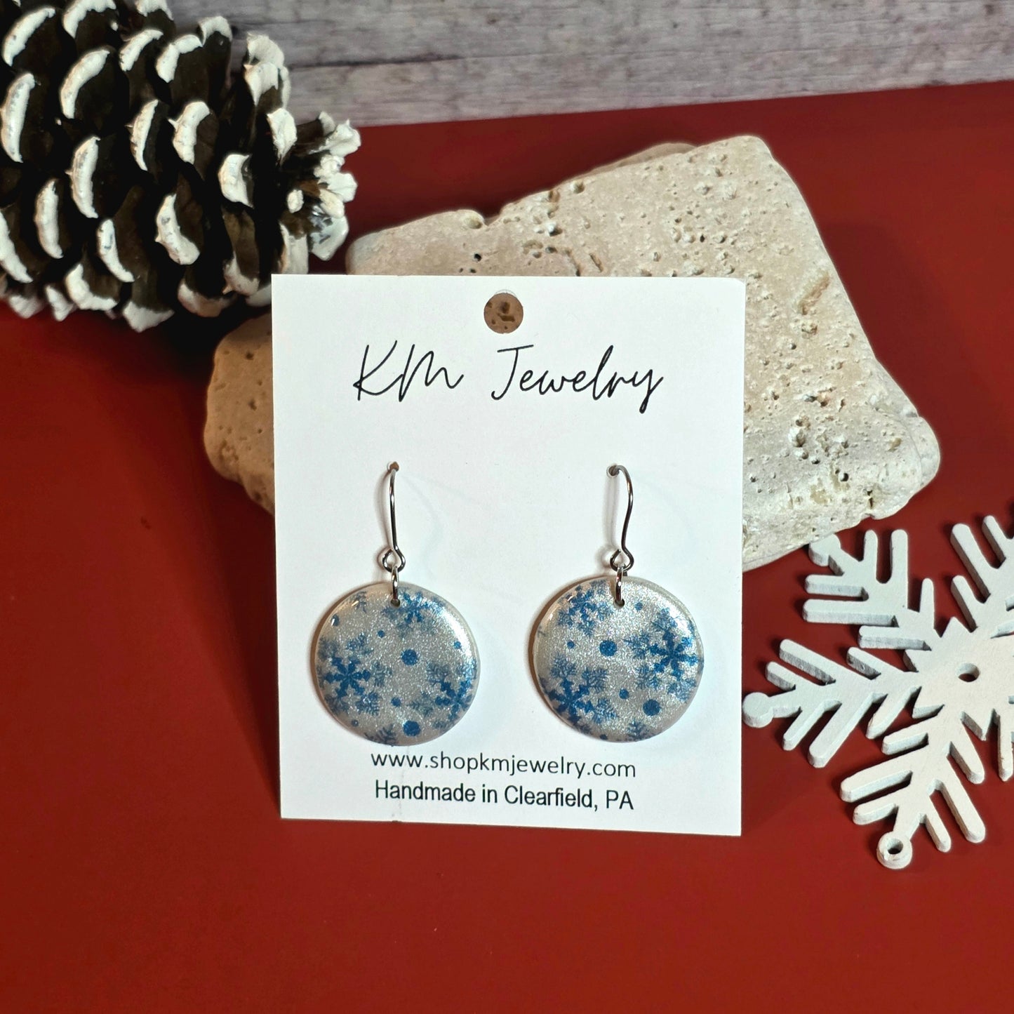 Pearl White | Blue Snowflakes | Clay | Earring