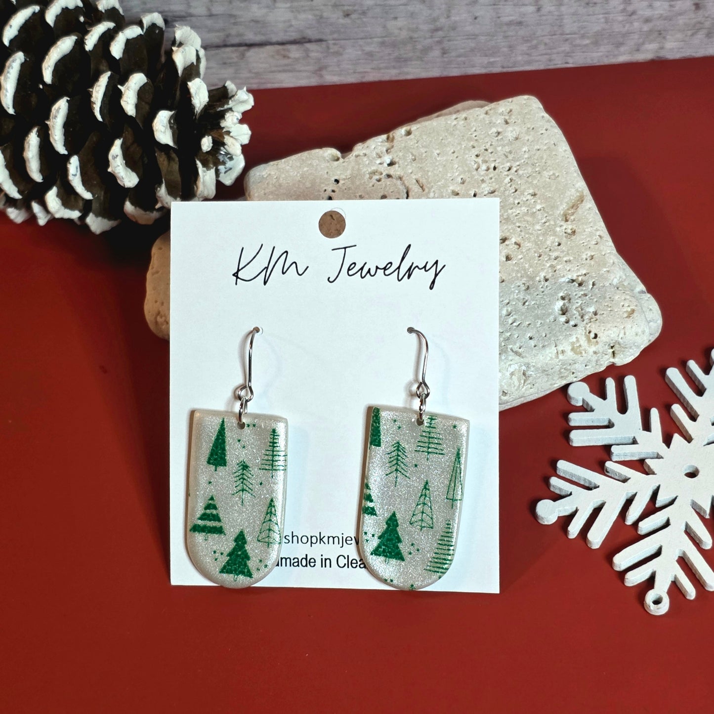 Pearl White | Green Trees | Clay | Earring