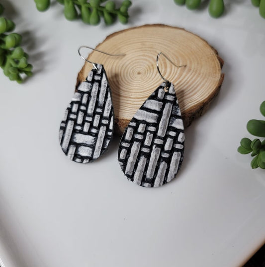 Black-Silver Basket Weave | Teardrop | Earring | Genuine Leather