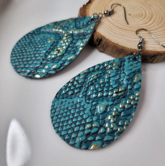 Calypso Blue Snakeskin | Genuine Leather | Earring | Gold accents