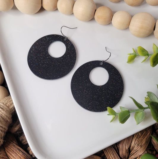 Glamorous Glitter | Large Cutout Circle | Earring | Beyond Black | Genuine Leather