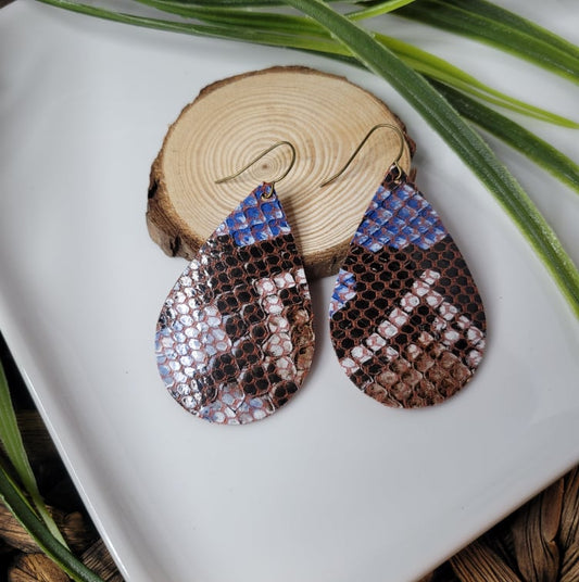 Brown-Blue Snakeskin | Large Teardrop | Genuine Leather | Earrings