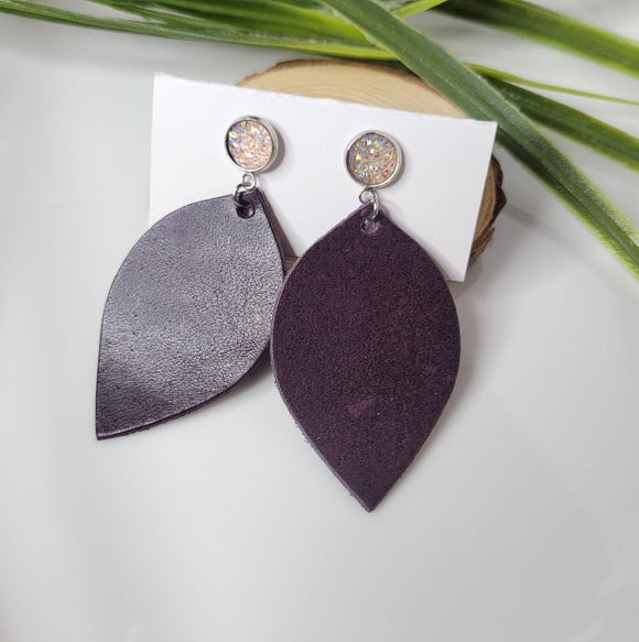 Deep Dark Plum | Druzy Stud | Medium Leaf | Genuine Leather | Earrings