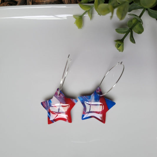 Patriotic | Clay Earring | Star Marbled | Silver Hoop | Holiday