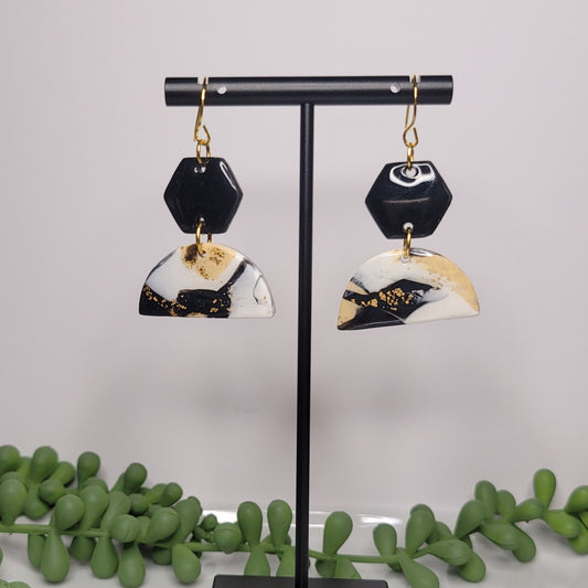 Class Act | Half Moon | Hexagon | Clay Earring | Neutrals | Gold Accents