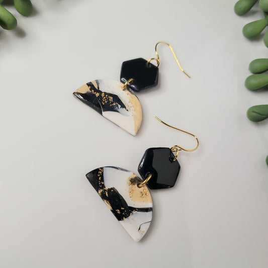 Class Act | Half Moon | Hexagon | Clay Earring | Neutrals | Gold Accents