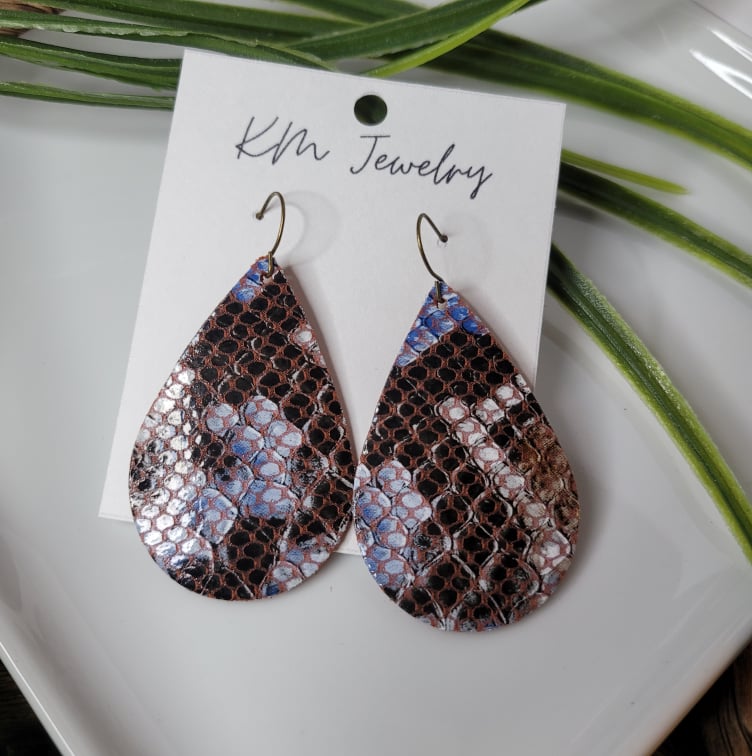 Brown-Blue Snakeskin | Large Teardrop | Genuine Leather | Earrings