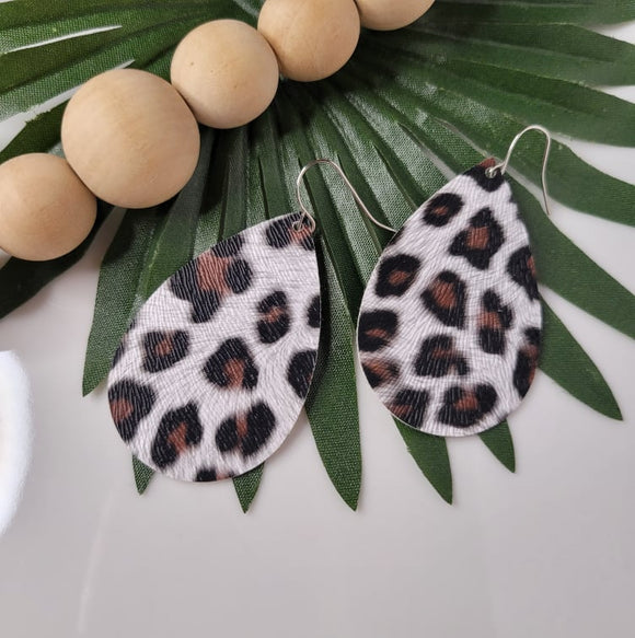 White Leopard | Large Teardrop | Faux Leather | Earrings