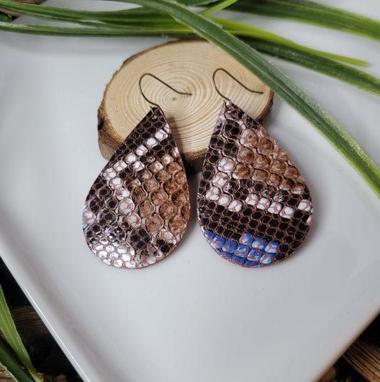 Brown-Blue Snakeskin | Large Teardrop | Genuine Leather | Earrings