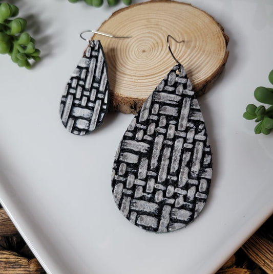 Black-Silver Basket Weave | Teardrop | Earring | Genuine Leather