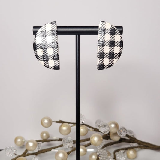 Buffalo Plaid | Black & White | Half Circle | Large Stud | Clay