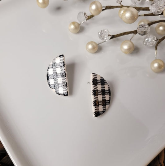 Buffalo Plaid | Black & White | Half Circle | Large Stud | Clay