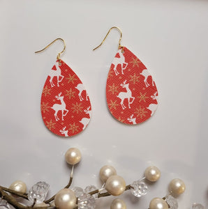 Reindeer Snowflakes | Red | Large Teardrop | Faux Leatherette