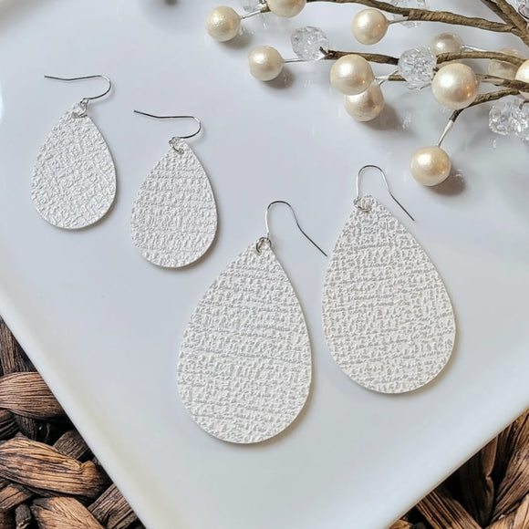 White | Silver Sparkle | Teardrop | Faux Leatherette | Earrings