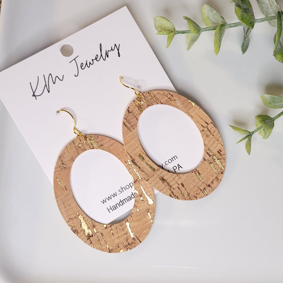 Cork | Natural | Gold | Large Oval Cutout | Genuine | Earrings