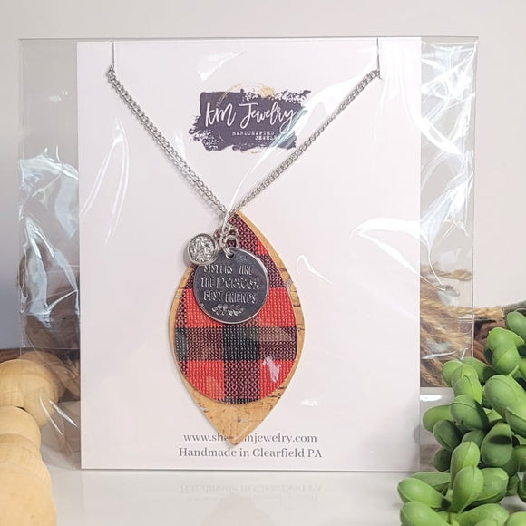 Sisters Are Perfect Best Friends | Buffalo Plaid | Cork | Faux | Necklace