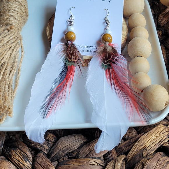 Red White | Genuine Feather | Wood Beads | Earring