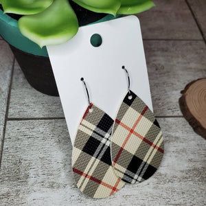 Tan Black Red plaid Teardrop Earrings