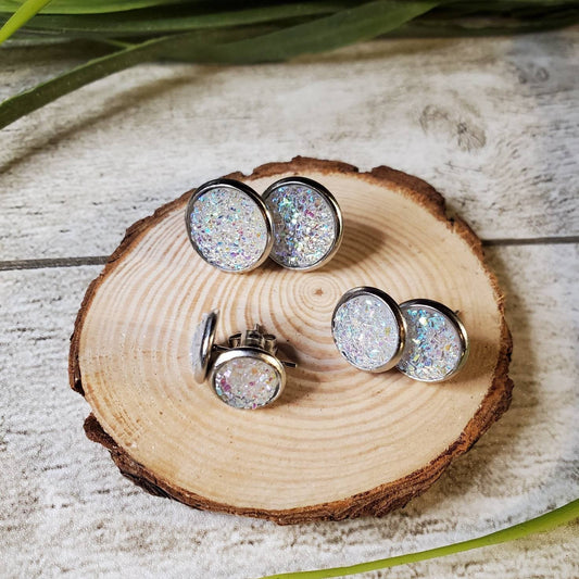 Druzy Stud | White | Clear | Earrings | Faux Druzy | Multiple Sizes