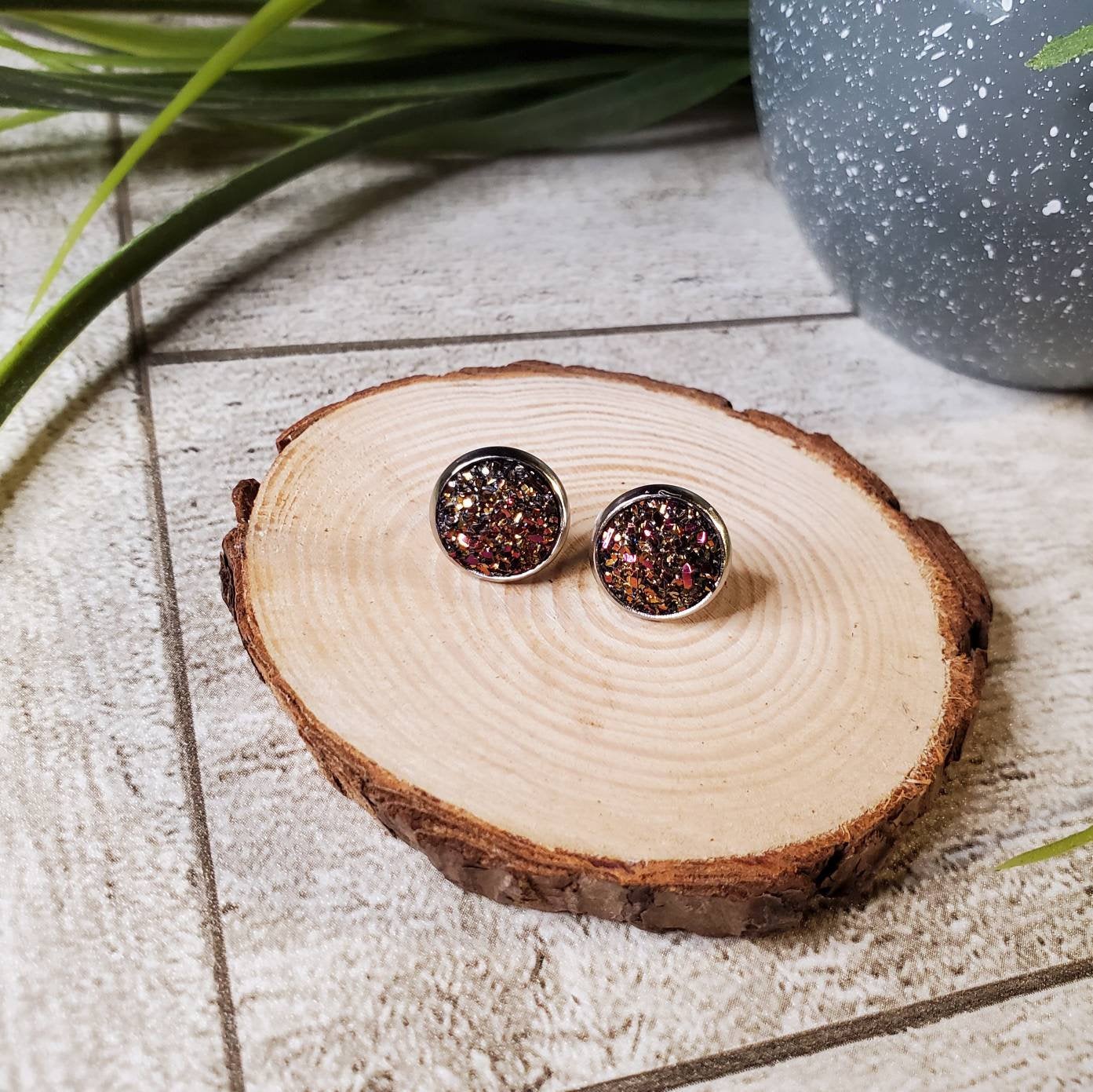 Druzy Stud | Dark Multi-Colored | Earrings | Faux Druzy | Multiple Sizes