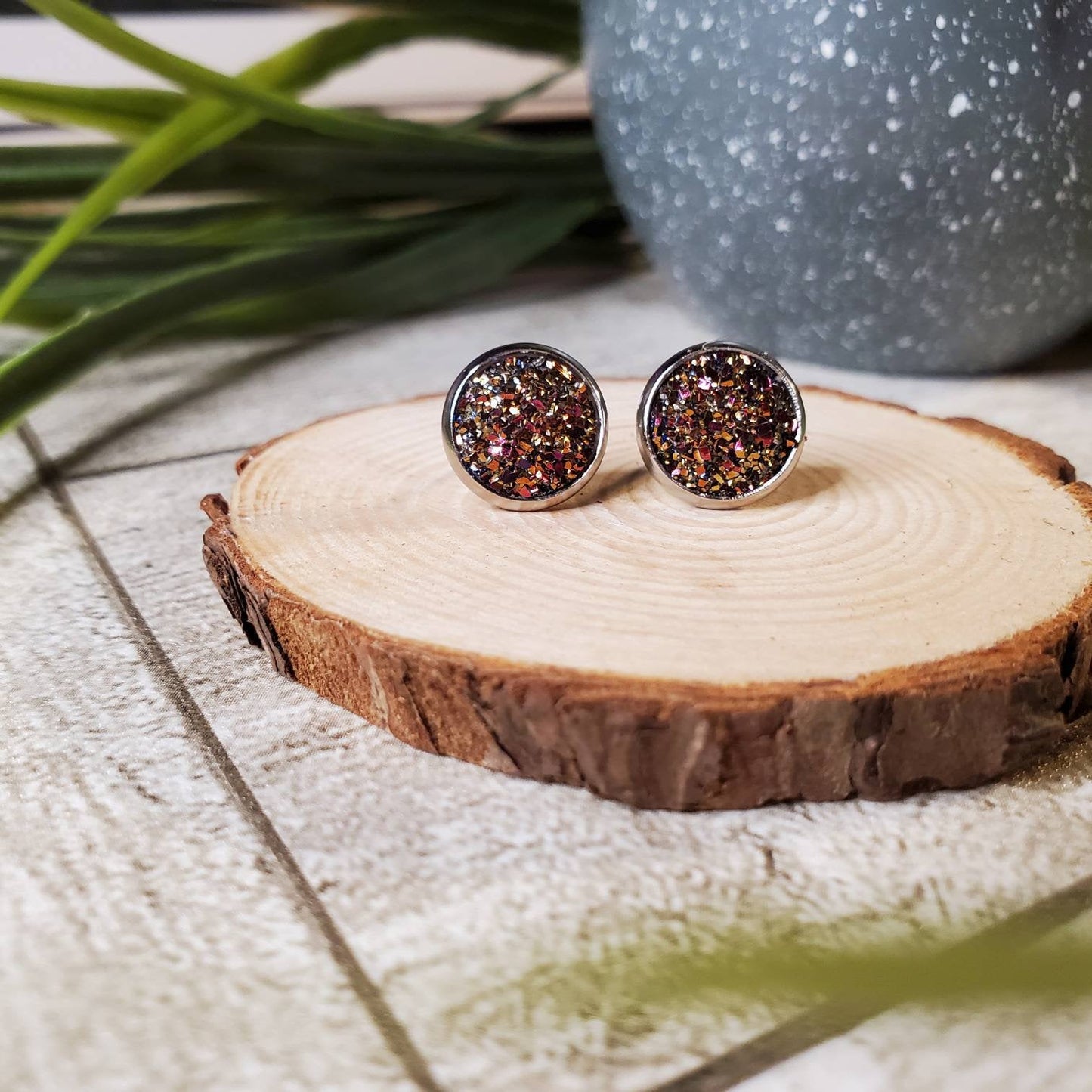 Druzy Stud | Dark Multi-Colored | Earrings | Faux Druzy | Multiple Sizes