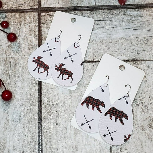 Large Teardrop | Buffalo Plaid Bear | Moose | Holiday earrings