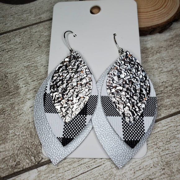 Layered Leaf Earrings - Metallic Silver, Black + While Buffalo Plaid, Silver