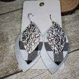 Layered Leaf Earrings - Metallic Silver, Black + While Buffalo Plaid, Silver