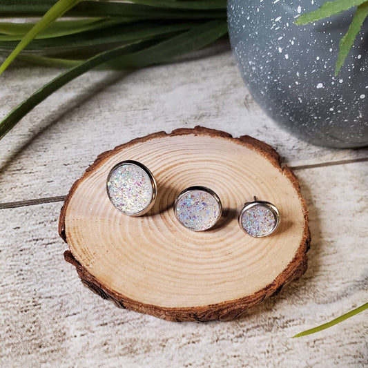 Druzy Stud | White | Clear | Earrings | Faux Druzy | Multiple Sizes