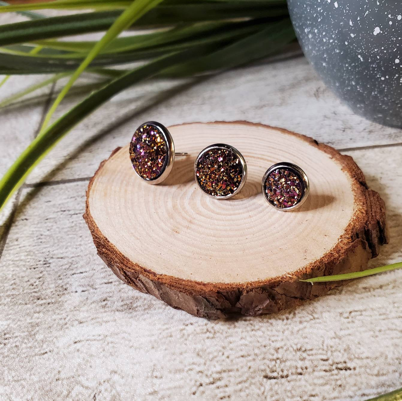 Druzy Stud | Dark Multi-Colored | Earrings | Faux Druzy | Multiple Sizes