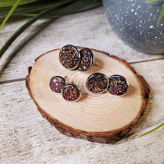 Druzy Stud | Dark Multi-Colored | Earrings | Faux Druzy | Multiple Sizes