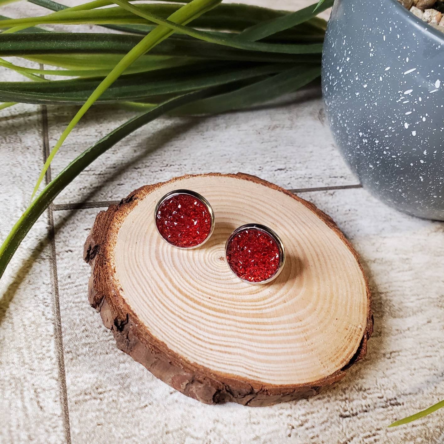 Druzy Stud | Red | Earrings | Faux Druzy | Multiple Sizes