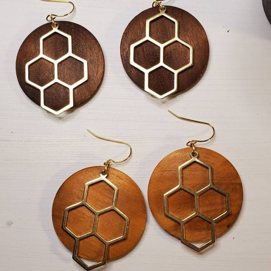 Bee Spring | Wood Earrings | Round Wood Disc | Gold | Honeycomb | Multiple Colors | Honeycomb Earrings | Gifts for her